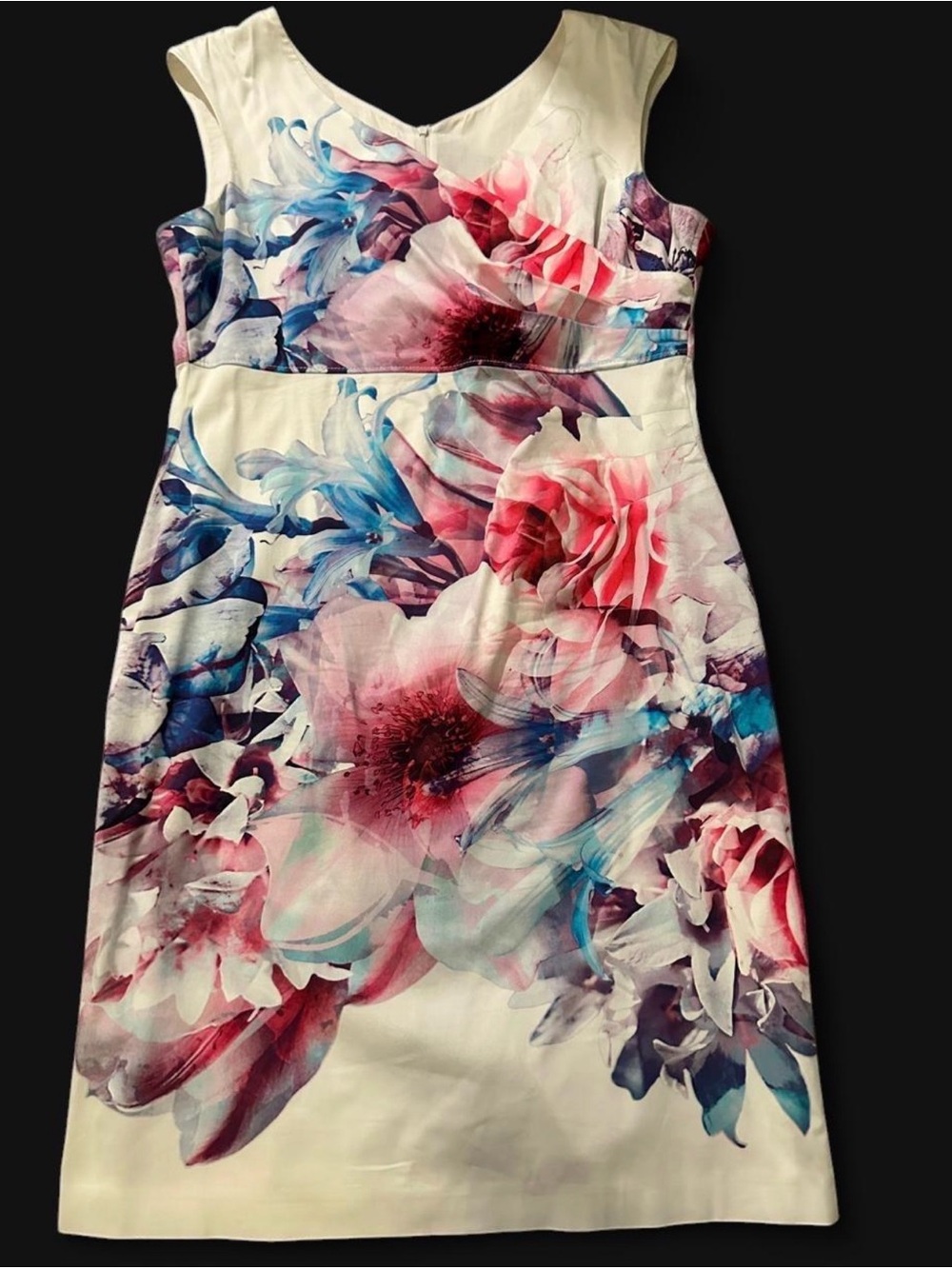 White Floral Midi Dress with Pink and Blue Blooms